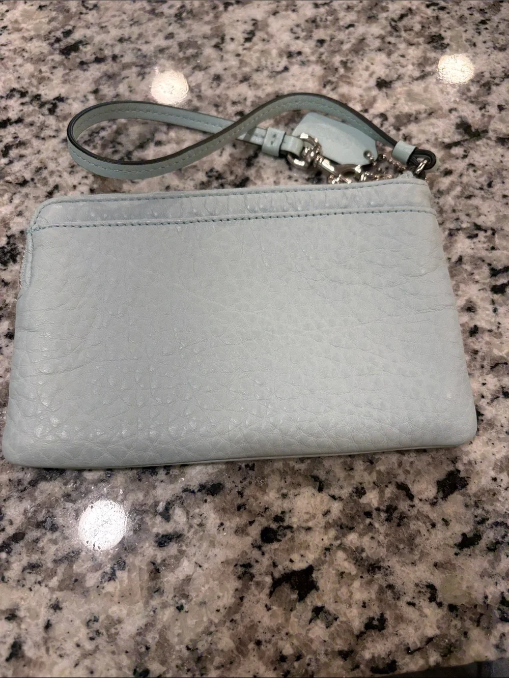 Coach Pale Blue Pebbled Leather Wristlet with Strap